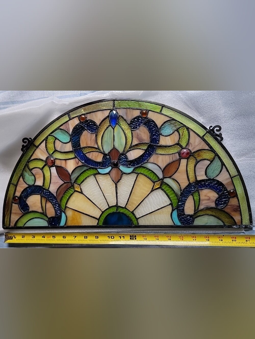 Handcrafted Stained Glass Semi-Circle Wall Art - Green, Blue, Cream